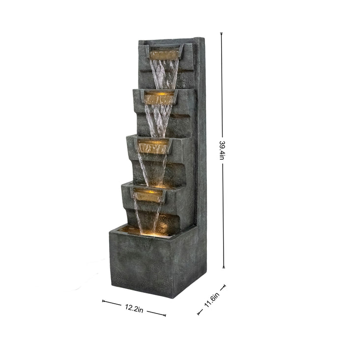 4 Tier Cascading Waterfall Fountain With Warm LED Lights, For Patio - Gray