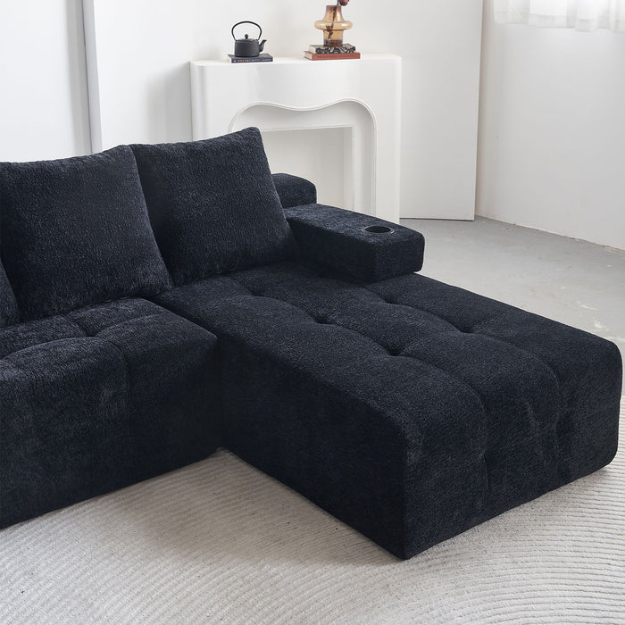 L - Shaped Sectional Sofa With Side Pockets, Wireless Charging, USB Ports, Cup Holder, Bluetooth Speaker, Reversible Lounge Chaise - Black
