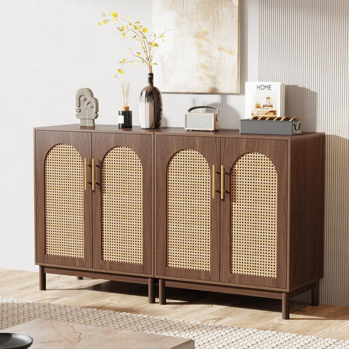 Sideboard Buffet Cabinet With Handwoven Rattan Doors (Set of 2) - Dark Brown