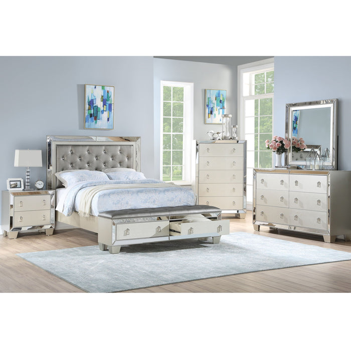 Glamorous Tufted Headboard Bed With Mirror Trim