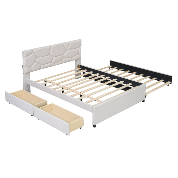 Upholstered Platform Bed With Brick Pattern Headboard And Twin Long Size Trundle
