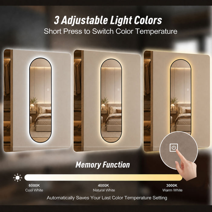 Capsule Shaped Dimmable LED Full Length Wall Mirror With Frame - Silver