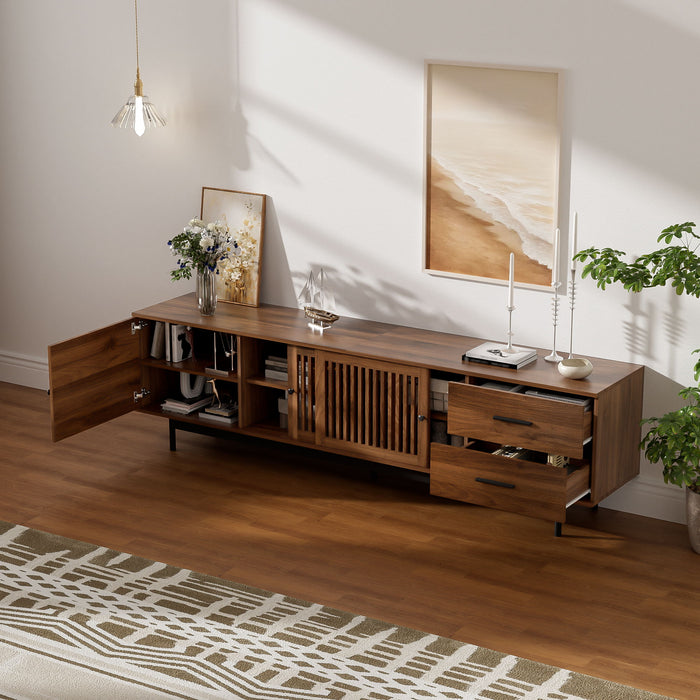 TV Stand, Media Console With 2 Drawers, Soft Closing Hinges, Adjustable Shelves, Slatted Design - Walnut