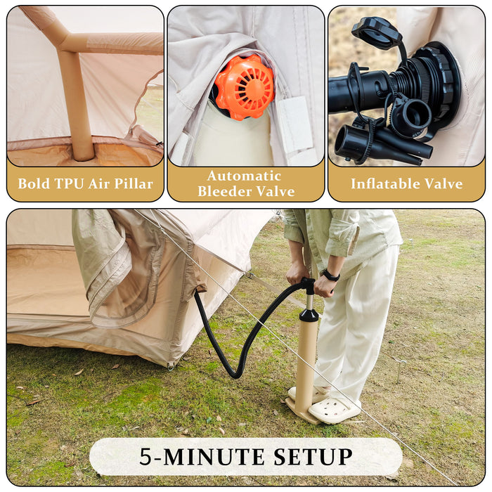 Inflatable Glamping Tent For 4 - 6 People, Waterproof Outdoor Tent With Pump - Khaki
