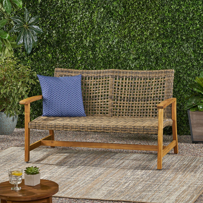 Outdoor Rattan Loveseat With Wooden Legs - Brown