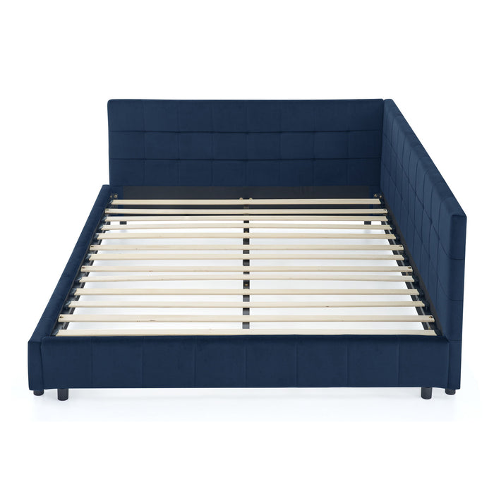 Mid-Century Storage Upholstered Tufted Bed Frame With Backrest And Armrests