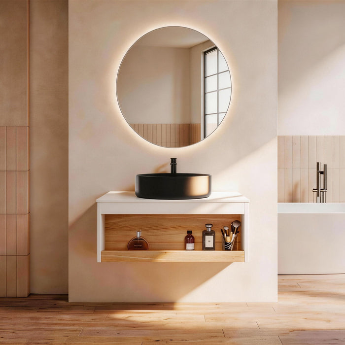 Floating Bathroom Vanity With Glossy Round Vessel Sink