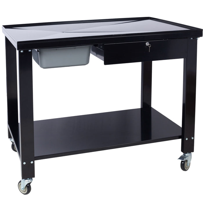 Transmission Teardown Work Station 1 / 2 Ton Capacity Sloping Drain Table Locking Drawer Removable Drain Basin Full-Width Lower Shelf Four 4" Caster Wheels
