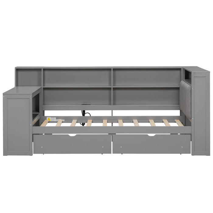 Platform Bed With Upholstered Headboard, Storage Shelves, Drawers, Charging Station, LED Lighting, Built In Desk