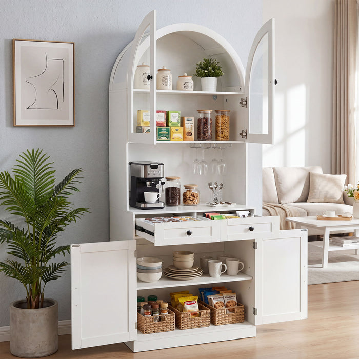 Tall Arched Pantry Cabinet With Charging Station, Adjustable Shelves, Coffee Bar
