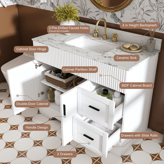 Bathroom Vanity Set, Fluted Cabinet, Soft Close Doors & Drawers, 3 Faucet Holes, Sink Included - White