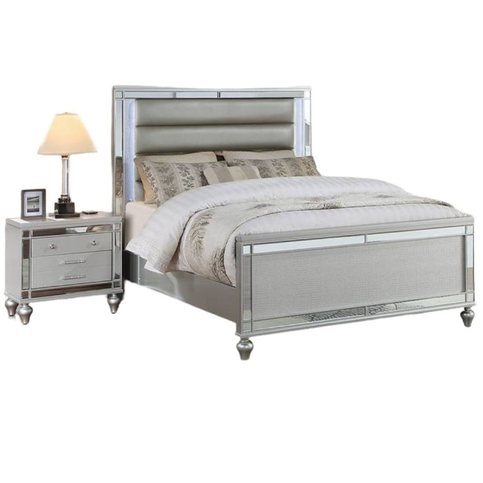 Modern Bed With LED Lights And Glass Panels, 2 Nightstands