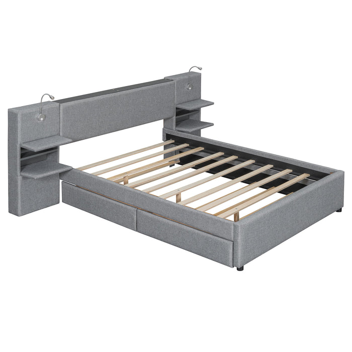 Upholstered Platform Bed With Reading Lights, Drawers, Trundle And Shelves