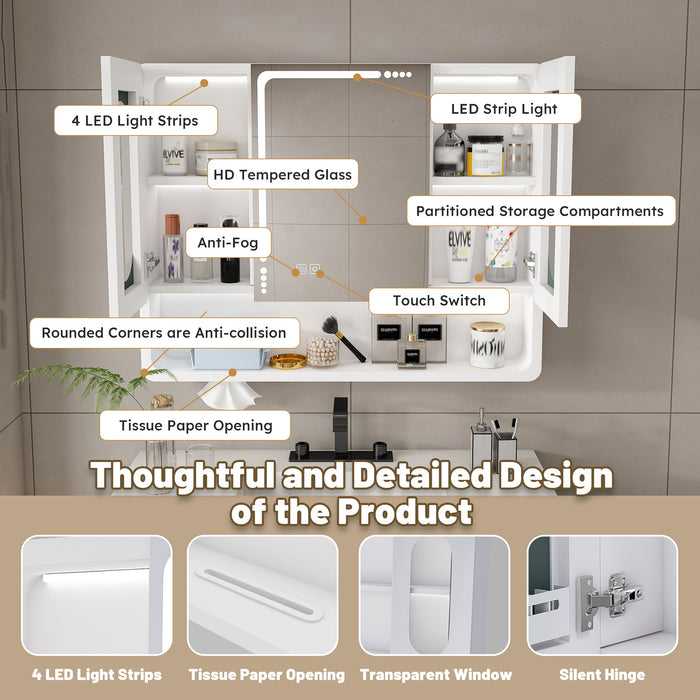 Wall Mounted Bathroom Mirror Cabinet With LED Lights, Anti Fog & Explosion Proof, Touch Control Medicine Cabinet, 3 Color Lighting - White