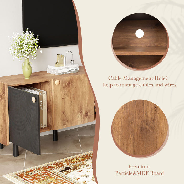 Mid Century TV Stand & 3 Cabinets, Media Console Table For Tvs Up To 70'', Entertainment Center With Storage For Living Room - Black / Brown