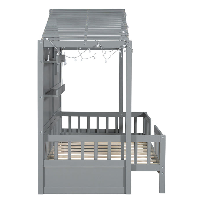 House Bed With Shelves, Window And Sparkling Light Strip On The Roof