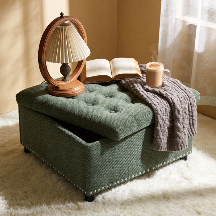 Square Tufted Storage Ottoman With Nailhead Trim