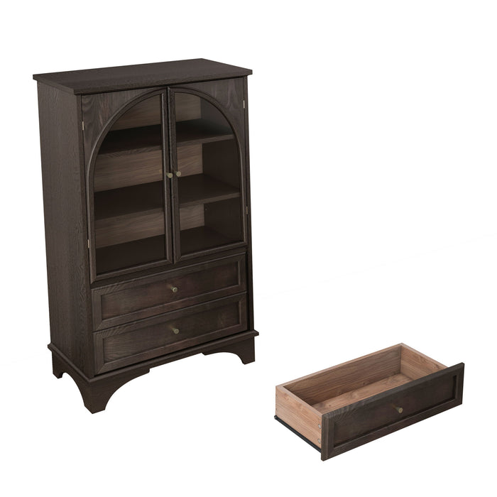 Glass Door Display Case With 2 Drawers And Adjustable Shelf