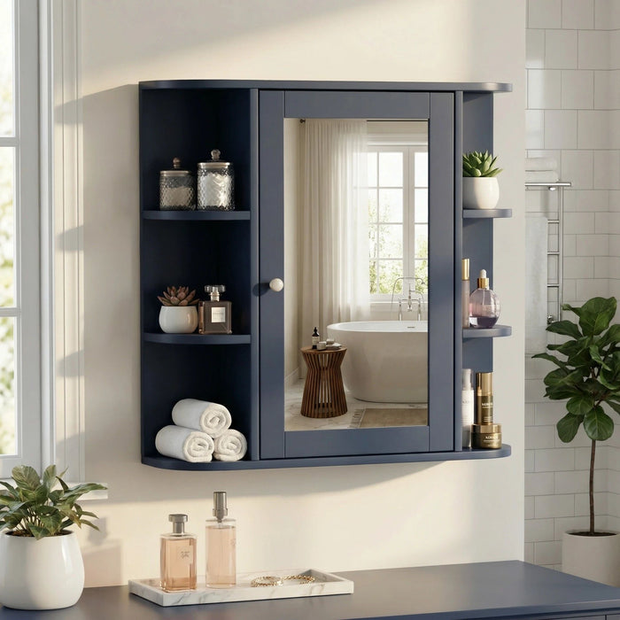 Bathroom Wall Storage Cabinet With Mirror And Adjustable Shelf, 6 Open Shelves