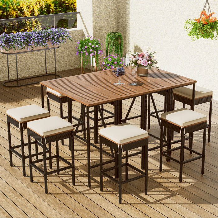 Outdoor Acacia Wood Bar Height Table And Eight Stools With Cushions