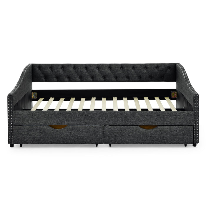 Upholstered Tufted Daybed With 2 Drawers, Waved Arms