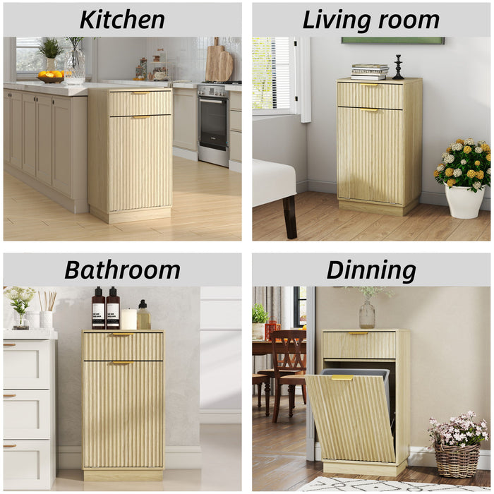 Tilt Out Trash Can Cabinet With Wave Textured Drawer & Pull Out Bin