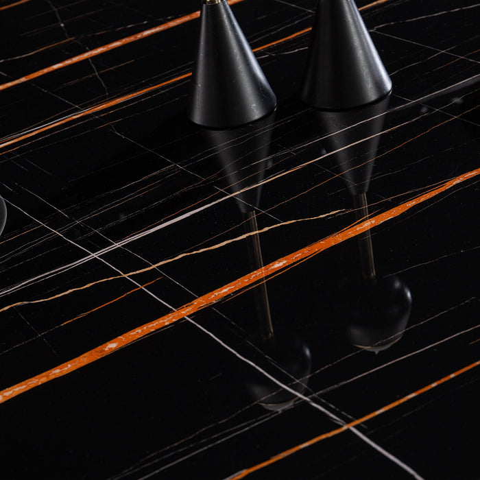 Marble Printed Round Dining Table - Black Columnar Base With Gold Annulus Not Including Chairs - Black