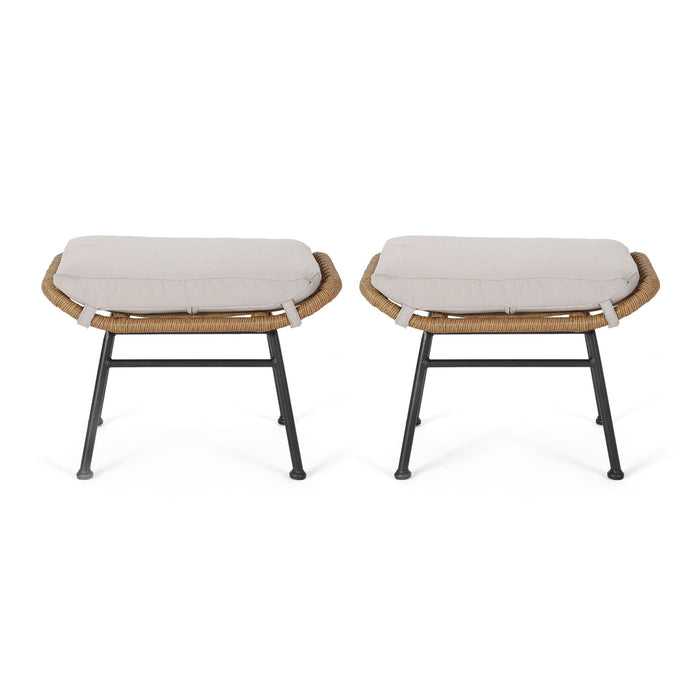 Outdoor Modern Boho Wicker Ottoman With Cushions (Set of 2)