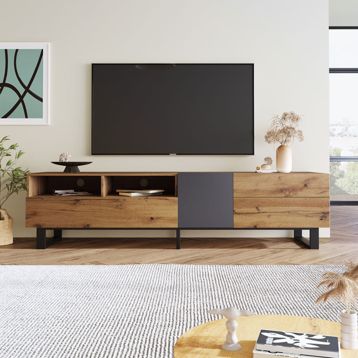 TV Stand For 80'' TV With Double Storage Space, Media Console Table With Drop Down Door