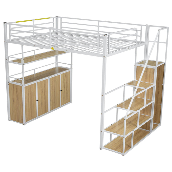 Full Size Loft Bed With Storage Staircase, Wardrobe, Shelves, And Lockers Natural Mdf Details - White / Natural