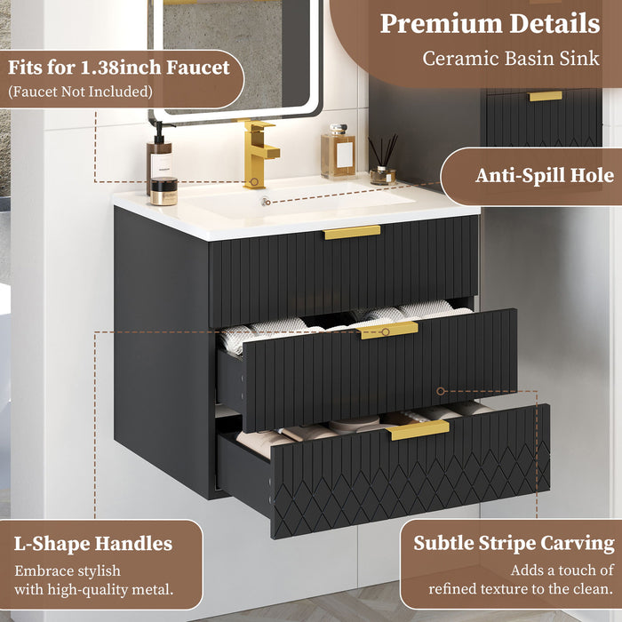 Wall Mounted Floating Cabinet With Double Drawer, Rectangular Sink, Bathroom Vanity With Single Faucet Hole And Overflow - Black