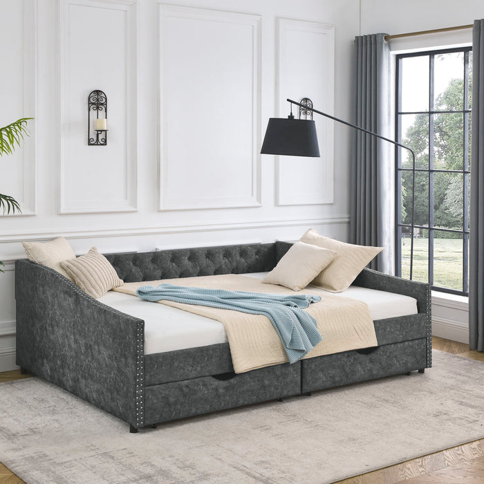 Upholstered Tufted Daybed With Drawers, Waved Arms