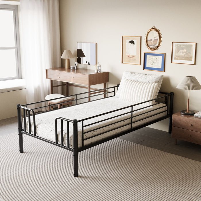 Twin Metal Pull Out Bunk Bed With Guardrail And Built In Ladder, Space Saving Convertible Frame For Bedroom - Black