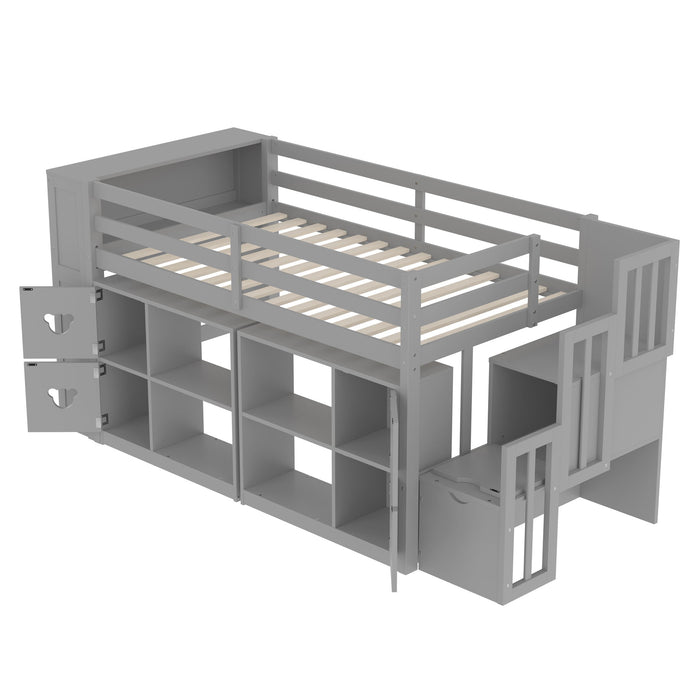 Loft Bed With Storage Cabinets, Staircase Drawers & LED Lights