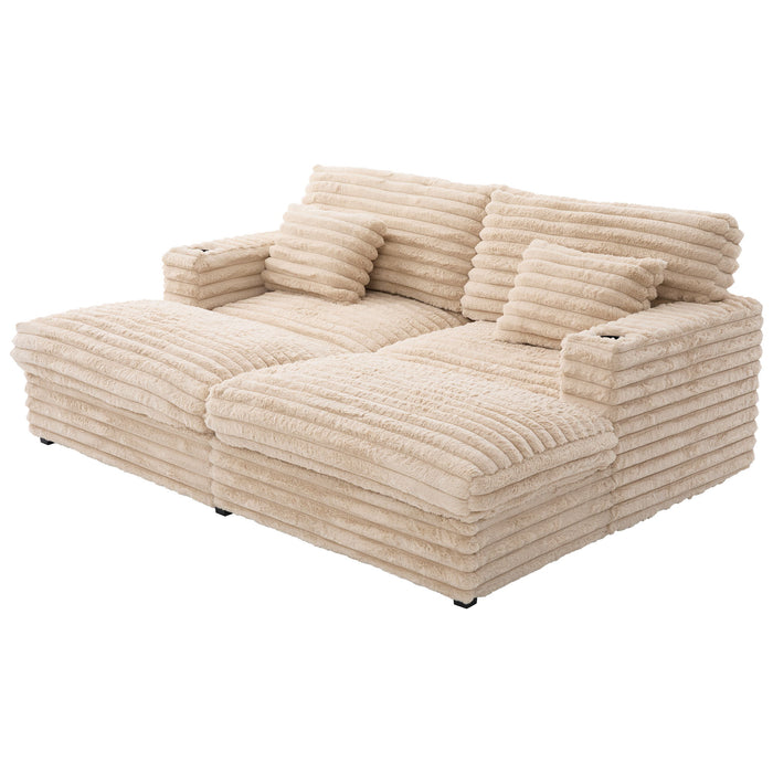 Oversized Double Chaise Lounge Sofa With USB Ports And Cup Holders