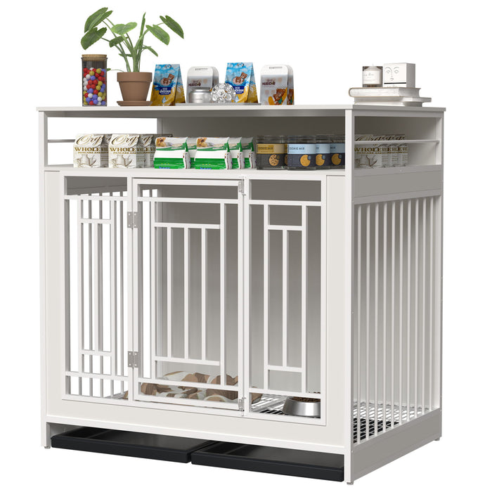 Wooden Dog Crate Furniture With Divider And Storage - White