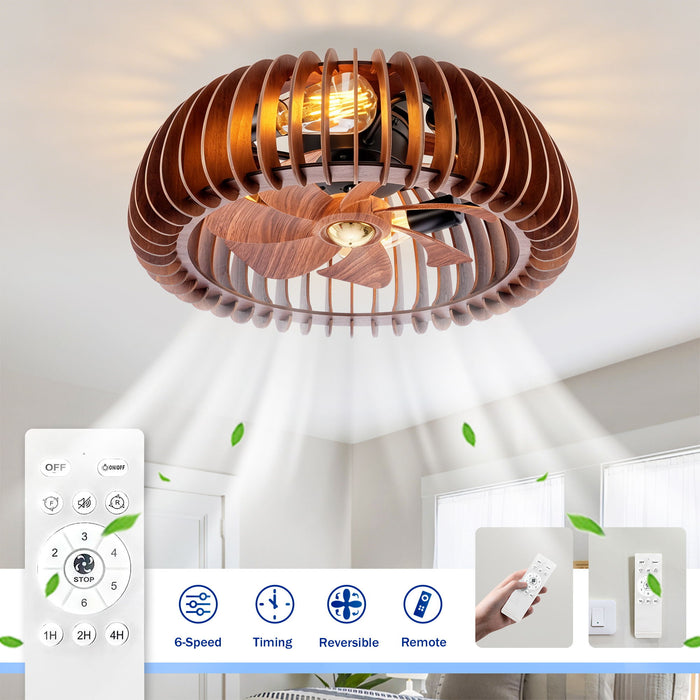 Semicircle Flush Mount Fan Light, (No Included Bulbs) And Remote Control, 6 Speeds, Quiet DC Motor For Living Room - Wood