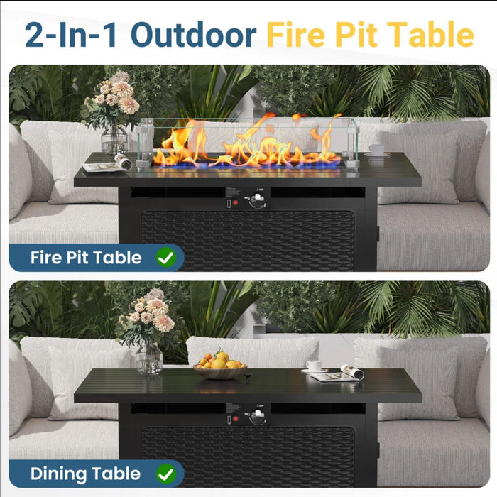 Outdoor 2 In 1 Propane Fire Pit Table With Lid & Glass Shield, Rectangular Fire Table, Lava Rock & Cover - Black