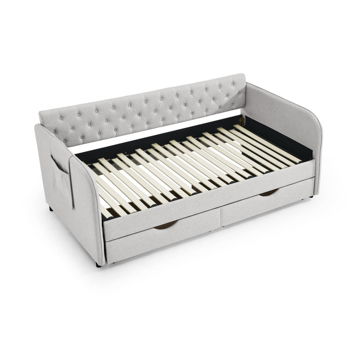 Daybed With Trundle And Storage Drawers, Flat Arms With Pocket