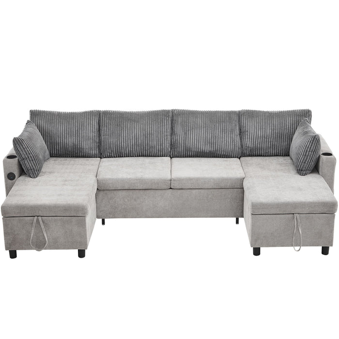 Sectional Sofa Bed With Pull Out Sleeper, USB Ports, Cup Holders