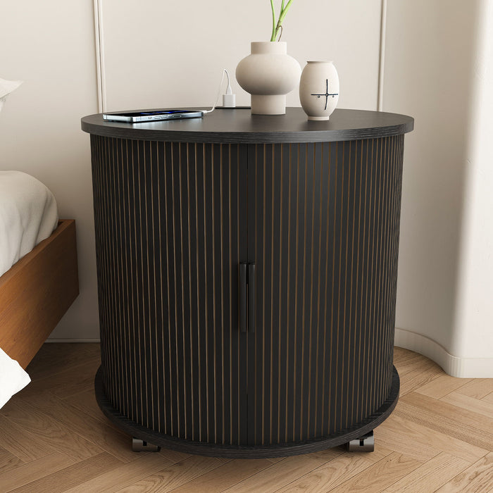 Cylinder Nightstand With Charging Station & Sliding Door