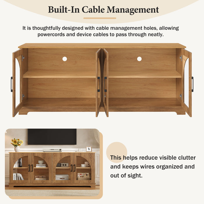 TV Stand With Semi Arched Glass Doors, Media Console With Adjustable Shelves For Living Room - Brown