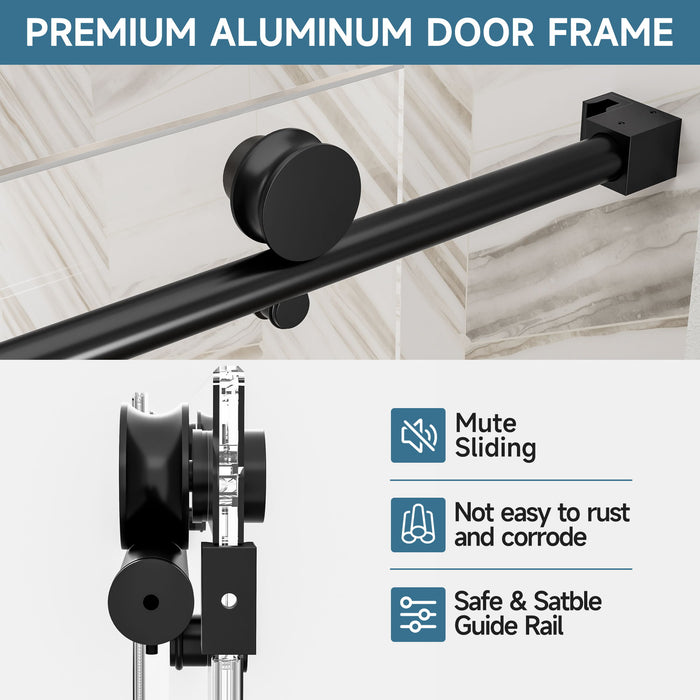 Frameless Single Sliding Shower Door With Soft Close, 5 / 16" Clear Nano Coated Tempered Glass, 60" X 60" - Matte Black