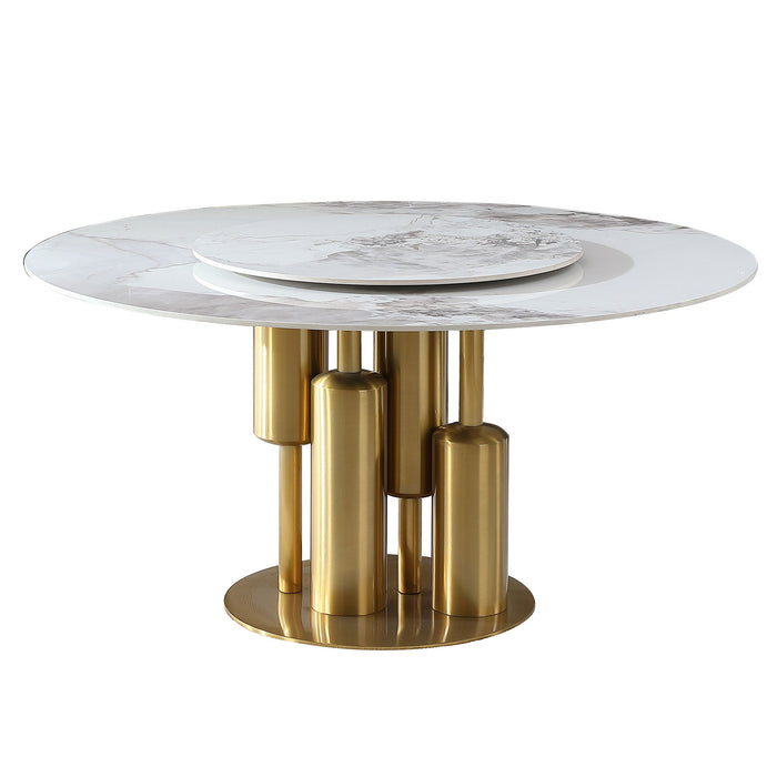 Round Sintered Stone Table, Modern Marble Dining Table (Table Only) - Gold / White