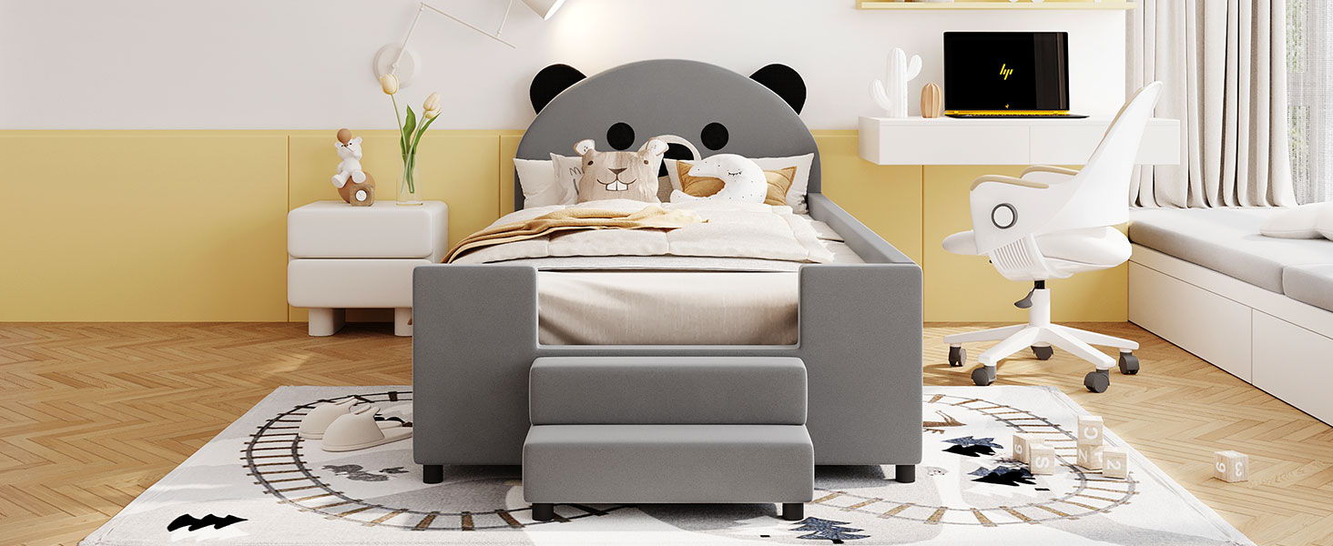 Upholstered Daybed With Bear Shaped Headboard, Hydraulic System And Breathable Mesh Fence