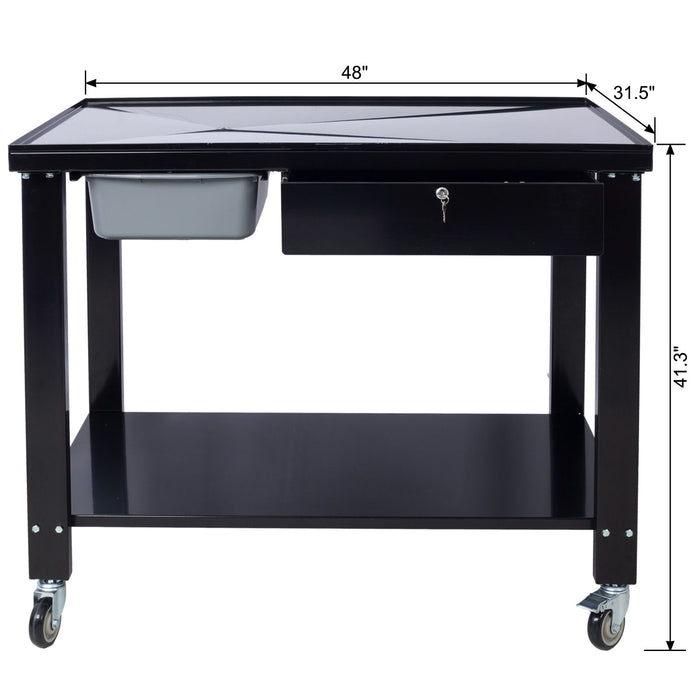 Transmission Teardown Work Station 1 / 2 Ton Capacity Sloping Drain Table Locking Drawer Removable Drain Basin Full-Width Lower Shelf Four 4" Caster Wheels