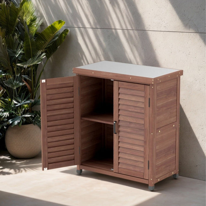 Potting Bench With Storage Cabinet And Metal Table Top For Outdoor