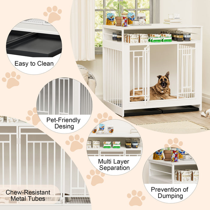 Wooden Dog Crate Furniture With Divider And Storage - White