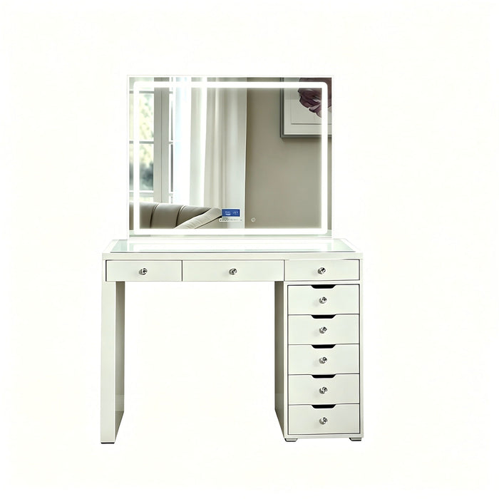 Makeup Vanity Desk With LED Lighted Mirror, 9 Drawers For Bedroom - Gloss White