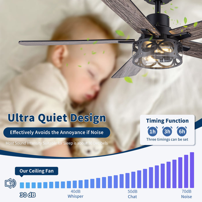 Ceiling Fan With Light, Dual‑Sided Matte Black & Wood Grain Blades - Black